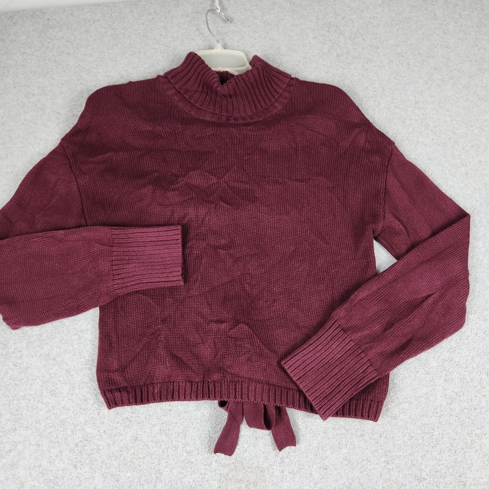 525 Sweater Women Small Burgundy Lace Up Back Ribbed Knit Long Sleeve Turtleneck